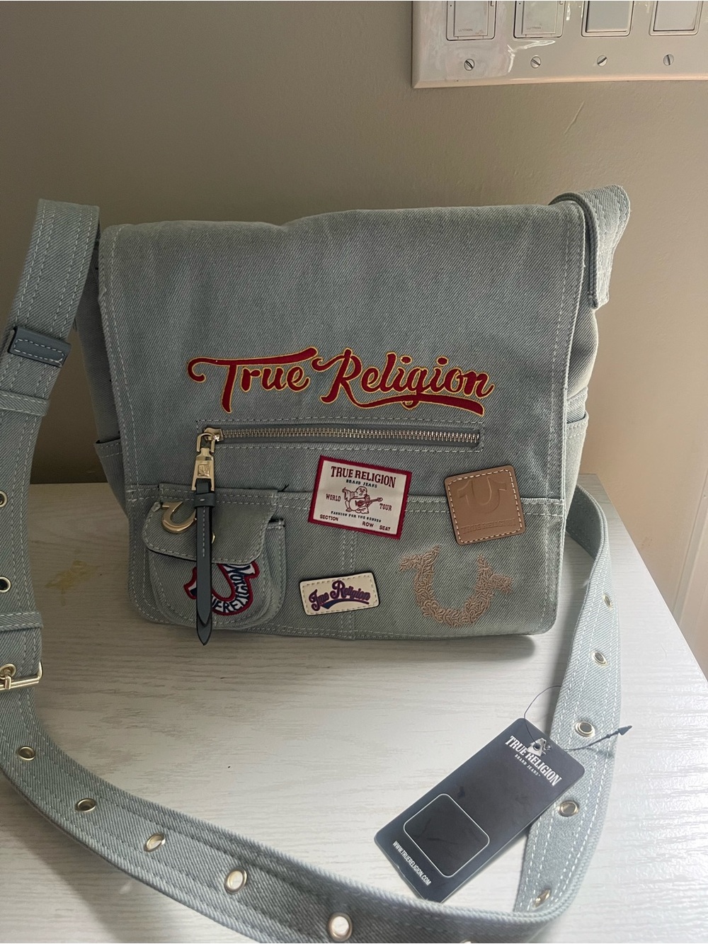 True Religion Light GrayCanvas Messenger Bag with Embroidered Logo - Picture 8 of 10